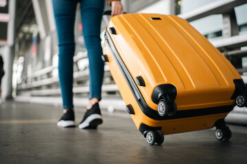 Close up of unrecognized woman tourist walking with her luggage through international airport...