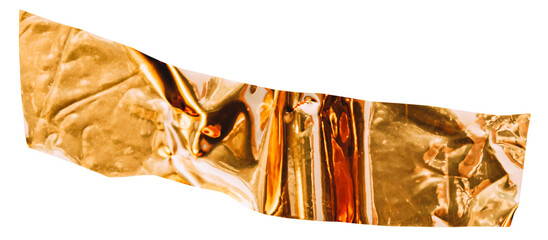 Gold metallic wrapping film with folds and glossy reflections on transparent background. Shiny...