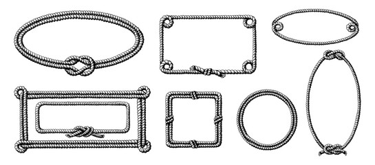 Lasso frame. Rope circle border. Round nautical design element in retro style. Silhouette knot shape. Intertwined cables. Navy tackle. Cordage frameworks set. Vector doodle illustration © SpicyTruffel