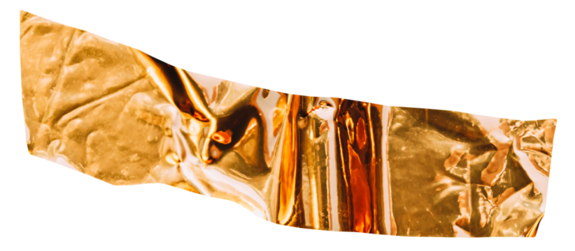 Gold metallic wrapping film with folds and glossy reflections on transparent background. Shiny golden material with wrinkled texture and curved strip shape