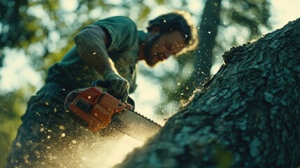Focused lumberjack felling tree with chainsaw in sunlit outdoor setting