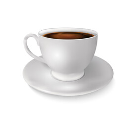 3d coffee mug. Realistic white cup on ceramic plate, hot arabica beverage, morning caffeine drink, espresso or cappuccino side view isolated on white background element. Vector single object