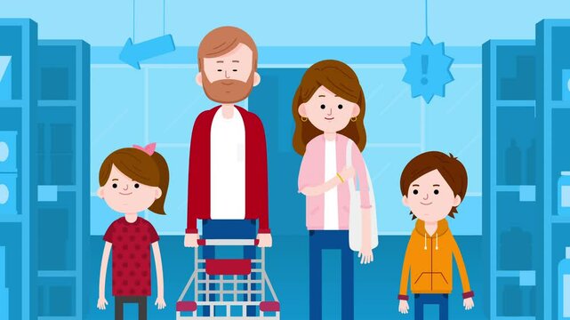 Animation of happy family of parents and two children walking and shopping in supermarket grocery store, medium long shot. Shopping family weekend.