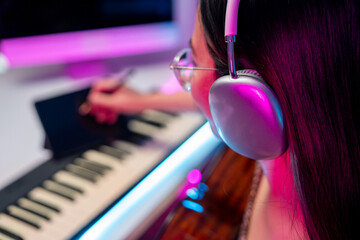 Professional Musician with condenser microphone and tablet for Mixing Mastering music. Music...