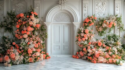 Wedding background with fresh flowers on the wall generative AI