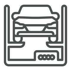Car with lift jack line icon, car repair concept. Vector graphics. Motor vehicle sign on white background, outline style icon for mobile or web design.