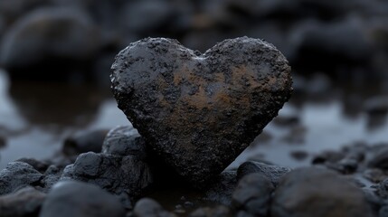 Fototapeta premium Heart-shaped rock, covered in dark mud, sits amidst dark stones