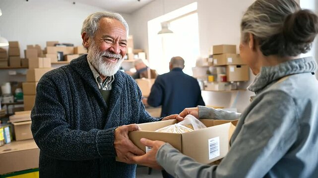 Volunteers distribute food donations to seniors at a local charity center.