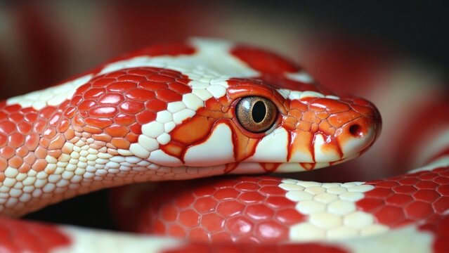 Close-up of Red and White Snake Coiled with Detailed Eye and Scales