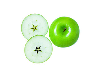 green  apple and cut in half sliced with seeds isolated on white background. top view.