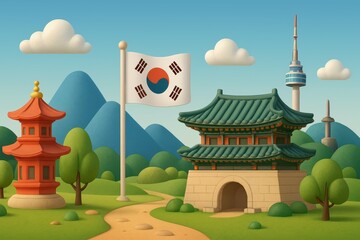 Fototapeta premium Colorful Illustration of a Korean Landscape with Historical Elements