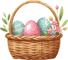 A watercolor vector illustration of a basket with easter eggs