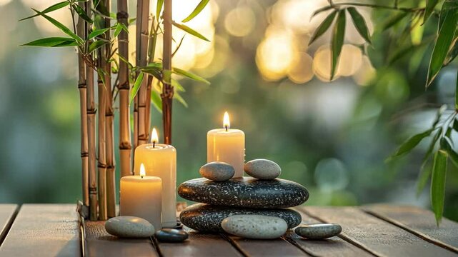 Serene Relaxation: A zen-inspired arrangement of candles and balanced stones, embodying tranquility and balance on a wooden surface with bamboo accents.