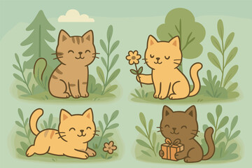 Obraz premium Cute cats in nature with flowers and gift - cute animal scene for card or poster