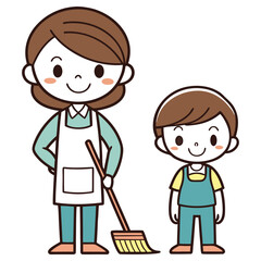 Cartoon Asian Woman Broom and Child Cleaner Uniforms on White Background