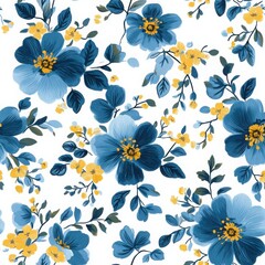 Watercolor Blue and Yellow Floral Pattern on White Background