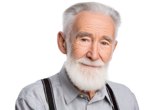 Smiling senior man with white beard on transparent background