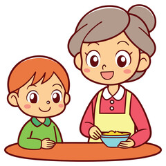 Cartoon Grandmother Holding Bowl with Boy at Table on a White Background