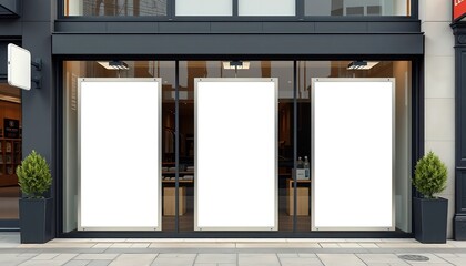 Storefront with three blank Vertical posters for advertisement display mockup, dark grey building, 3D Rendering, 
