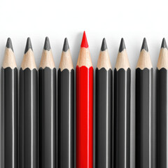 creative layout of black pencils evenly spaced with one red pencil standing out, showcasing uniqueness and contrast