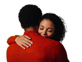 Warm embrace between couple in cozy clothing during joyful moment on a transparent background, cut out