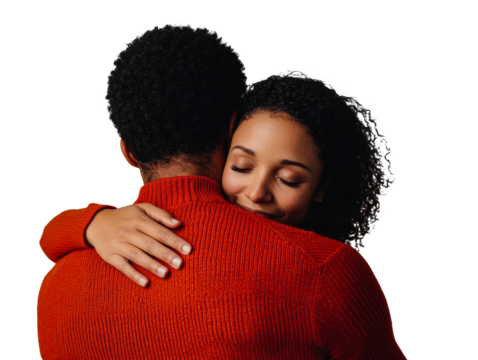 Warm embrace between couple in cozy clothing during joyful moment on a transparent background, cut out