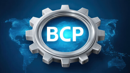 large silver gear with glowing center, symbolizing technology and innovation, set against digital world map background