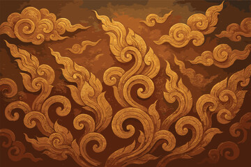 Golden ornamental pattern with swirling clouds and leaves for decorative wall art design