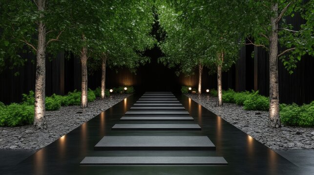 Dark, serene pathway lined with lush trees, illuminated by subtle lights.  A tranquil, modern garden setting