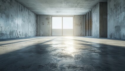 Obraz premium Empty Concrete Room with Sunlight Through Large Window