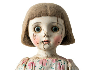 Vintage doll with cracks and vintage dress in antique style on a transparent background, cut out
