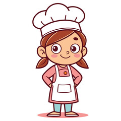 Cartoon BrownHaired Girl with Chef Hat and Apron on White Background Isolated