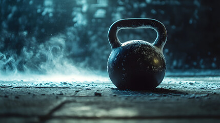 A lone kettlebell rests in a gym with faint smoke around it, presenting a dynamic still life. The cold-toned lighting enhances the solitary nature of the workout equipment.