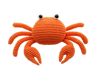 Cute orange crochet crab for playful decoration and gifts on a transparent background, cut out