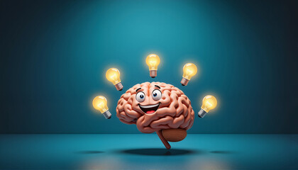 Smiling cartoon brain with light bulbs for educational materials, creativity-themed blogs, websites, digital art, presentations, and awareness campaigns on mental health and cognitive function