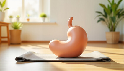 Artistic representation of a stylized stomach on a yoga mat in a bright interior for health blogs, wellness websites, educational materials, and dietary awareness campaigns