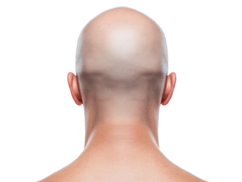 Bald head close-up showing skin texture and scalp health on a transparent background, cut out