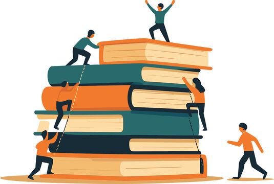 Teamwork and education concept with people climbing books for success and growth