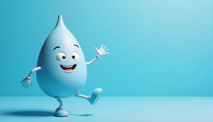 Cartoon water droplet character expressing joy while walking on a blue background for blogs, websites, educational materials, health awareness campaigns, and children's designs