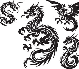 Tribal Dragon Tattoo Vector Illustration – Black Stylized Mythical Beast Design

