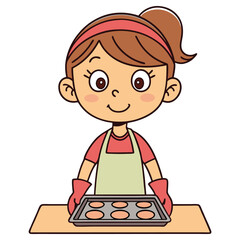 Cartoon Girl Apron Holding Baking Sheet Fresh Cookies on Table White Background