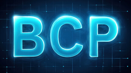 Glowing blue BCP letters with digital grid background create futuristic and vibrant atmosphere, perfect for technology themes