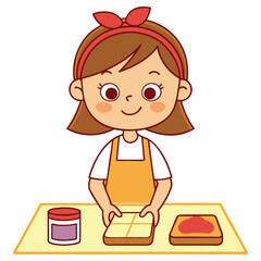 Smiling Cartoon Girl in Apron Making Sandwich on Table with White Background