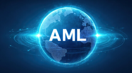 Glowing AML letters orbiting digital Earth, showcasing futuristic design with vibrant colors and sense of global connectivity
