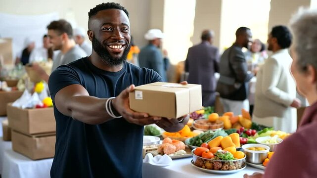 A joyful volunteer hands over food donations to a grateful woman.
