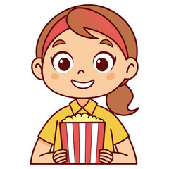 Smiling Girl Holding a Red and White Striped Popcorn Bucket on White Background