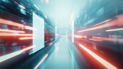 Fototapeta premium Futuristic Digital Corridor Red and Blue Neon Lights Speed Abstract Background