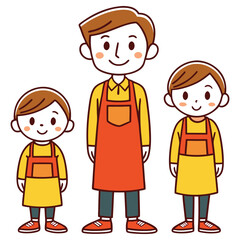 of Smiling Cartoon Father with Son and Daughter in Aprons on White