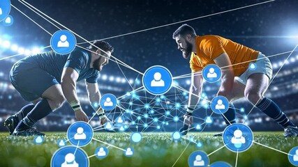 Rugby Players Face-Off with Digital Connections: A dramatic depiction of two rugby players in a stadium, engaged in a fierce face-off. - Powered by Adobe