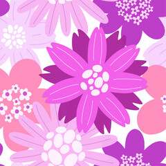 Seamless pattern with stylized spring purple and pink flowers. Vector graphics.